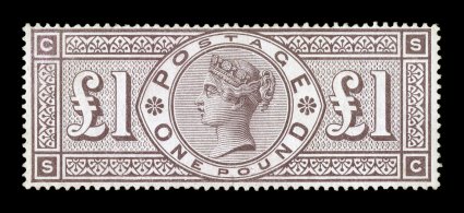 S.G. 186, 1888 £1 Brown lilac, watermarked Three Orbs, unused, excellent color that is especially strong and rich, nicely centered, regummed, minute expert repair at top left
with a tiny bit of the design painted in, fine appearance a relativel