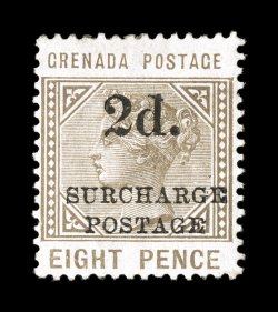 S.G. D7, 1892 2d.SurchargePostage on 8p Grey brown postage due, rich color, nicely centered, part o.g. that is faintly toned, light crease, very fine appearance a scarce
postage due stamp clear 1977 PF certificate and a 2008 BPA certificat