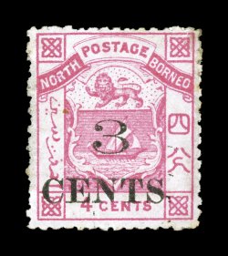 S.G. 18a, 1886 3CENTS surcharge on 4c Pink, small 3, unused, bright color, regummed, a fine example of this elusive variety 2008 BPA certificate (Scott 16
$1,500.00).