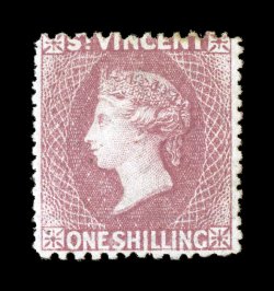S.G. 20, 1873 1- Lilac rose, perforated 11 to 12 12 x 15, an exceptionally rare unused example, strong rich color and a crisp impression, traces of o.g., a couple tiny stray
marks on face and the reverse may have had some toning removed, fine