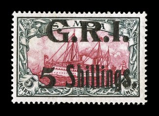 S.G. 114, 1914 G.R.I.5 Shillings. on 5M Carmine and black, deep vibrant colors, o.g., mild h.r., very fine signed H. Bloch and accompanied by a 1976 APS certificate (Scott 113
$1,000.00).