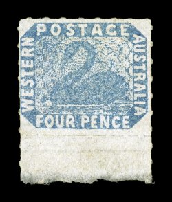 S.G. 5, 1854 4p Blue, roulette 7 12 to 14, a striking bottom sheet-margin single, with full roulettes all around (a rare occurrence on these), rich color and a clean
impression, nearly full original gum, very fine a superb example of a rare mi