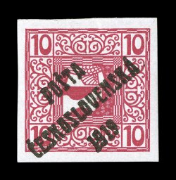 B26, 10h Carmine with PostaCeskoslovenska1919 overprint, very large margins all around, marvelously bright and fresh, o.g., lightly hinged, extremely fine only 250 were printed
signed numerous times and accompanied by a 1986 PF certificate
