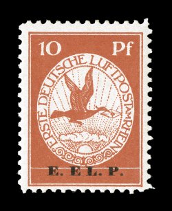 Michel V-VI, 1912 10pf and 20pf Red brown semi-official air posts with E.EL.P. overprints cplt., fresh color, o.g., lightly hinged, fine-very fine both signed H.
Bloch.