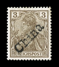 17, 1900 3pf Brown, Tientsin provisional handstamped China, outstanding centering, rich color, o.g., minor h.r., very fine an especially choice example of this scarce stamp
signed Bothe, Kosack and H. Bloch, and accompanied by a 1980 Friedl