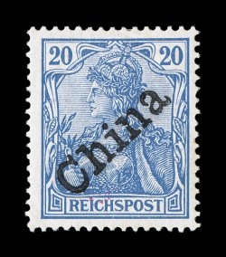 20, 1900 20pf Ultramarine with Tientsin China provisional overprint, strong rich color on bright paper, o.g., h.r., tiny trace of a pinpoint thin speck, otherwise very fine
signed Bothe (Michel 11 Ç1,000).