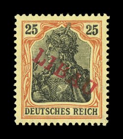1N5, 1919 25pf Orange and black with red LIBAU overprint, extraordinarily well centered, bright and fresh, o.g., lightly hinged, very fine only 300 printed signed Hochstadter
BPP (Michel 5Bb Ç600).