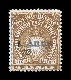 S.G. 21, 1891 1 Anna Dull violet Mombasa provisional surcharge on 4a Brown, initialed A.B., lovely rich color, small part o.g. (certificate says traces of o.g.), insignificant
tiny mark in the top margin, fine the key rarity of the Mombas