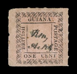 S.G. 118, 1862 1c Rose, unused, roulettes on three sides, strong detailed impression, large adherence on the back, a few tiny toned spots, corner crease at bottom left, fine
appearance an exceedingly rare unused stamp 1997 Rendon certificate (