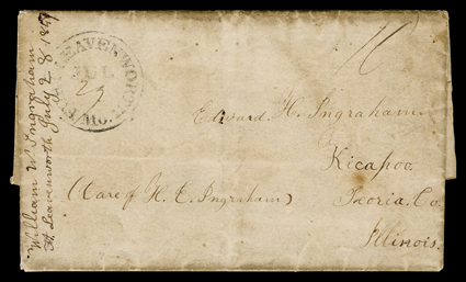 [Fort Leavenworth, Fort Kearney and Grand Island, Nebraska Territory], fascinating correspondence of William W. Ingraham to his brother Edward in Kicapoo, Illinois of eight
stampless folded letters with integral address leaves (transcibed) from F