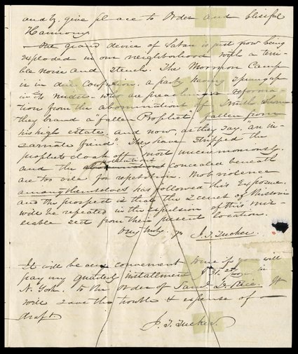 [The Death of Joseph Smith] An exciting content letter just days before Smiths murder, written to Rev. M. Badger of the American Home Missionary Society in New York by Rev.
J.T. Tucker of Hannibal, MO, June 20, 1844. While he labors on despite p