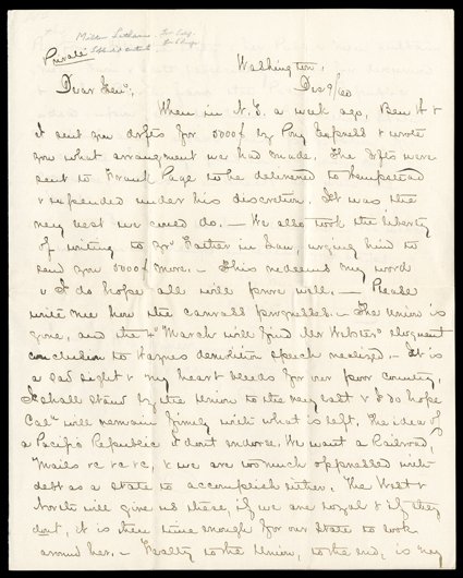 [Denver Correspondence] A group of 17 letters to and from the former California official, Governor of Kansas Territory, and US Indian Agent, covering his time as a Union
officer through the later years of his life. Many are detailed political let