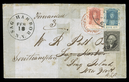 [Hawaii and U.S. combination paste-over franking, 1855] cover from the Hilo postmaster to Sag Harbor, N.Y. Folded letter from B. Pitman, postmaster at Hilo, datelined Hilo,
December 23rd 1855 and franked by Hawaii 1853 5c Blue and 13c Dark re