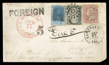 [Mixed Hawaii and U.S. franking, 1864] cover to New York showing 5c postage due charged in error by the San Francisco post office: the so-called Kalakaua errors. Cover to
Spencerport, N.Y. franked by Hawaii 1861 5c Blue on thin bluish wove pa