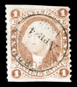 R2b, 1c Playing Cards, part perforate, scarce used single, with complete light strike of an 1863 handstamp cancel, fresh and fine 1988 PF certificate.