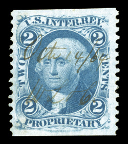 R13b, 2c Proprietary, Blue, part perforated, nicely centered within large margins, bright and fresh, light ms. cancel, very fine and choice 1994 PF
certificate.