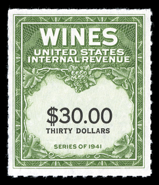 RE182, $30.00 Yellow green and black, without gum as issued, handsome mint example of this key wine stamp, excellent centering, bright fresh color, just the barest trace of a
tiny paper wrinkle at bottom left, very fine.