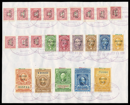 RG1-20, 22, 23, 26, 1934 1c-$1,000.00 Silver Tax overprints cplt., the $100.00 value being the 1936 wide spacing variety, all neatly positioned and tied to a 8¾ x 7 piece of
paper by multiple clear strikes of Office of the Collector ofInte