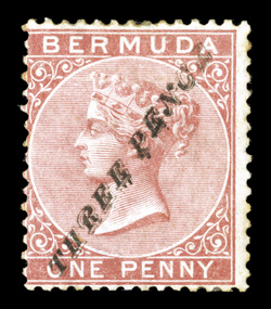 11, 1874 Three Pence surcharge on 1p Rose, strong rich color, centered a bit to left as all known genuine examples are found, part original gum, small h.r., current
certificate note hinge creasing at top which is truly insignificant, fine o