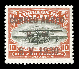 C13, 1930 10c Vermilion and black air post with brown overprint, bright colors, o.g., light gum bend, very fine a rare airmail stamp, with only 50 issued signed Sanabria, H.
Bloch.