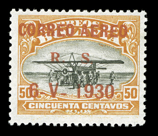 C17, 1930 50c Orange and black air post with red overprint, lovely fresh colors, o.g., fine only 50 issued signed Sanabria, H. Bloch.