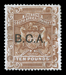 17, 1891 £10 Red Brown, with B.C.A. ovpt., an impressive mint example of this high value rarity, nicely centered, attractive rich color, redistributed o.g., very fine 1963 RPS
certificate (S.G. 17 £4,000).