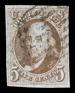 1, 5c Red brown, attractive used example, four large margins, strong color and impression on crisp paper, black grid cancel, extremely fine.