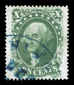 35, 10c Green, Ty. V, an especially handsome used single, featuring enormously wide margins and being remarkably well centered within them, intensely rich color, neat strike of
a blue c.d.s., extremely fine gem 1989 PF certificate.