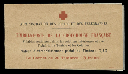 Yvert 147-C1, 1914 10c + 5c Red Cross, booklet pane of ten, complete booklet of two panes, remarkable fresh and intact, nicely centered, o.g., n.h., very fine and choice
(Scott B2a $1,600.00 as two panes).