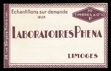 Yvert 188-C2, 1927 10c Green, Ty. III, booklet pane of ten, complete booklet with one pane and label, with Phena advertisement in the margins, fresh and crisp, o.g., n.h.,
trivial gum disturbance on the label only, very fine (Scott 163c $3,200