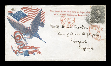 37, 24c Gray, tied to patriotic cover of Eagle with flag and rattlesnake (Walcott 2562), with red imprint at top, by black grid and June 1861 red datestamp on cover to England,
red London Paid and Liverpool receiver, stamp with a tiny p