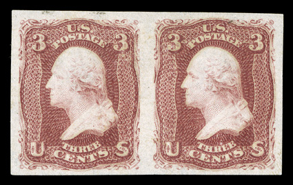 65TC, 3c Washington trial color plate group of three horizontal pairs on stamp paper, one is one bluish-green experimental paper, another is an experimental proof in dark
carmine (listed as Brazer 65TC-Aa on the accompanying PF certificate), an