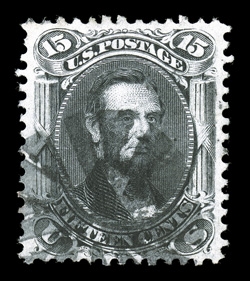 91, 15c Black, E grill, exceptionally well centered within much larger margins than typically found on this stamp, strong color on fresh white paper, geometric cork cancel,
extremely fine and choice 2008 PSE certificate (XF 90 SMQ $1,500.00)