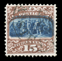 119, 15c Brown and blue, Ty. II, used, beautiful colors that are especially deep and rich, light N.Y. Steamship postmark, very fine 2000 PF certificate and a 2006 PSE
certificate (F-VF 75).