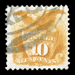 127, 10c Yellow re-issue, very scarce used example, wonderfully bright color on fresh paper, well centered within large margins, registry cancel, corner perf. crease at bottom
right, otherwise very fine clear 1975 APS certificate.