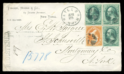 136, 152, 3c Green with grill and 15c Bright orange, three well centered singles of former, one with some damaged perfs. from placement at cover edge, and well centered single
of latter with natural s.e. at right, all with quartered cork cancels