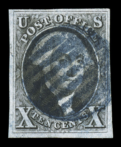2, 10c Black, pos. 12L, used, ample to mostly large margins all around, rich color and sharp impression, black grid cancel, light diagonal crease at bottom right, very fine
appearance.