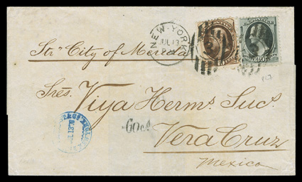 165, 30c Gray black, used with 10c Brown (161), tied by New YorkJul 13 duplex pmks. on 1876 folded cover to Vera Cruz, Mexico, small 60cs due handstamp marking, blue merchants
handstamp, very fine a lovely usage of the 30c value.