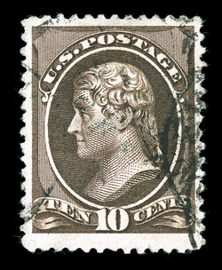 209b, 10c Black brown, a premium quality used example of this scarce and undervalued stamp, well centered within large margins, stunning color in this distinctive shade and a
deeply etched impression, light unobtrusive cancel, extremely fine 20