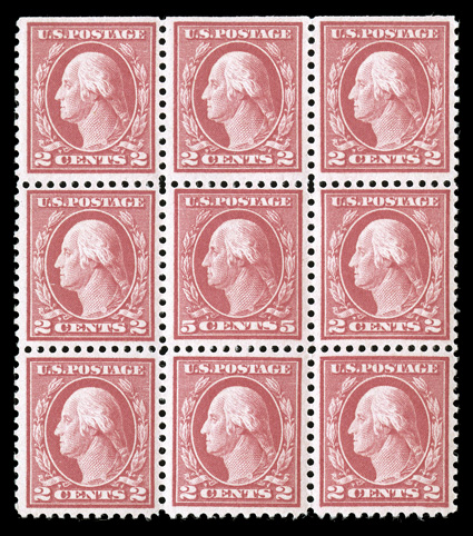 505, 5c Rose error, single error in a block of nine, o.g., n.h., fresh and fine.