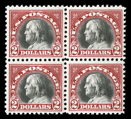 547, $2.00 Carmine and black, fresh mint block of four, o.g., n.h., top right stamp with a small thin spot, otherwise fine-very fine.