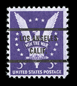 905b, 3c Win the War, reddish violet, with Los Angeles pre-cancel as usual, bright color in this distinctive shade, o.g., n.h., fine a rare variety, being the first example we
have ever offered in our auctions 2009 PF certificate.