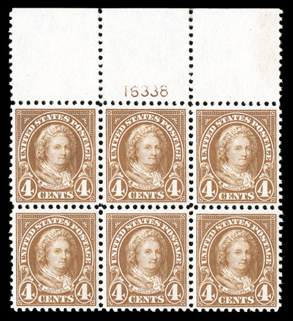 556, 4c Yellow brown, an especially handsome full top margin plate no. 16338 block of six, magnificently well centered throughout, with each stamp being flawlessly centered
amid balanced margins, incredibly fresh and bright, with strong perforat