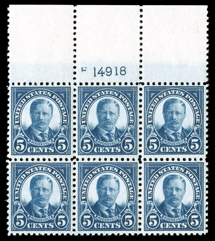 557, 5c Dark blue, lovely full top margin plate no. 14918 block of six, with gloriously rich color contrasted by bright white paper, excellent centering, fresh and intact,
pristine o.g., n.h., extremely fine and handsome.