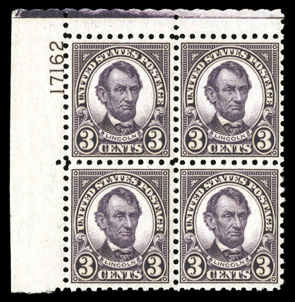 584, 3c Violet, top left corner margin plate no. 17162 block of four, particularly well centered for this difficult issue, deep rich color on fresh paper, immaculate o.g.,
n.h., extremely fine.
