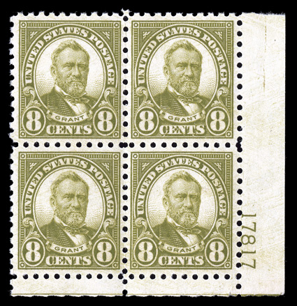 589, 8c Olive green, a superb bottom right corner margin plate no. 17817 block of four of this terribly difficult value, boasting centering which would be impossible to improve
upon, sumptuously rich color and a crisp impression, pristine o.g.,