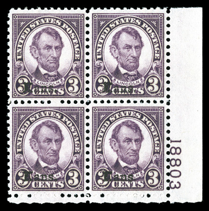 661, 3c Kans. ovpt., a stunning bottom right corner margin plate no. 18803 block of four, featuring truly outstanding centering for a plate block of this, with each stamp being
precisely centered amid balanced margins, luxuriant deep color, cr