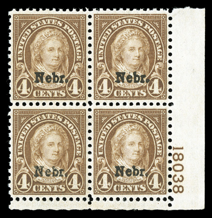 673, 4c Nebr. ovpt., an especially choice bottom right corner margin plate no. 18038 block of four, flawless centering which is almost impossible to find, strong rich color,
o.g., n.h., extremely fine an exceptional plate block 2005 PF certi