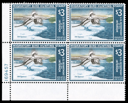 RW34, 1967 $3.00 Multicolored, bottom left corner margin plate no. 169457 block of four, beautifully centered, o.g., n.h., extremely fine.