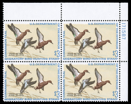 RW38, 1971 $3.00 Multicolored, top right corner margin plate no. 171587 block of four, choice centering, o.g., n.h., extremely fine.